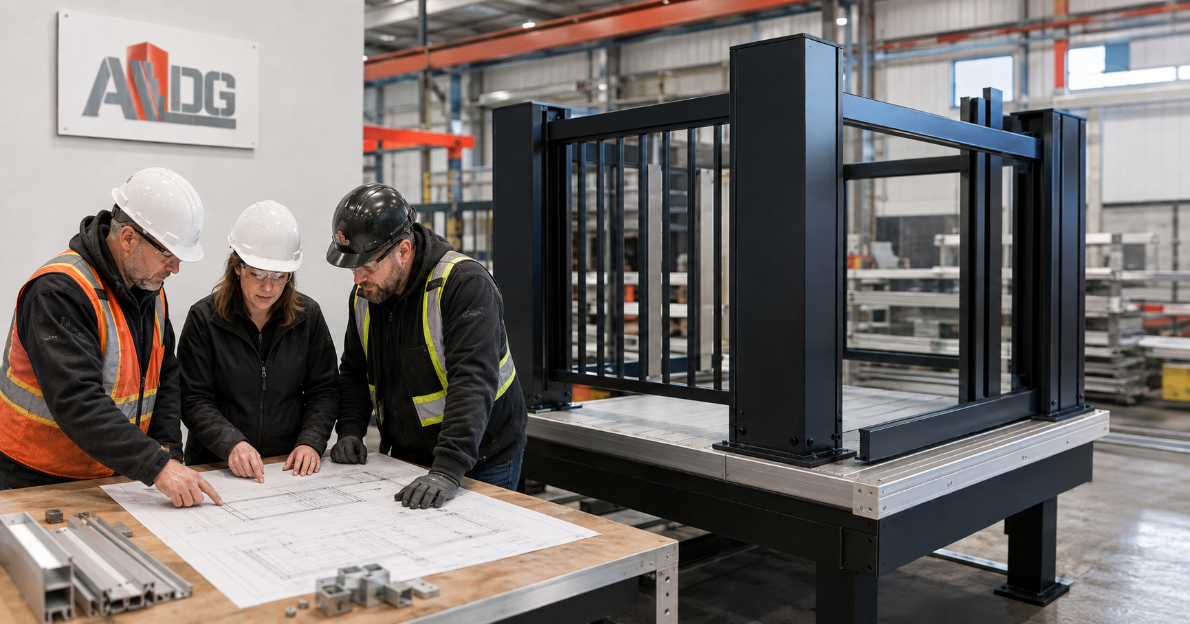 Équipe de professionnels de la construction examinant des dessins d’atelier devant une structure de balcon en aluminium préfabriquée chez ALDG.
