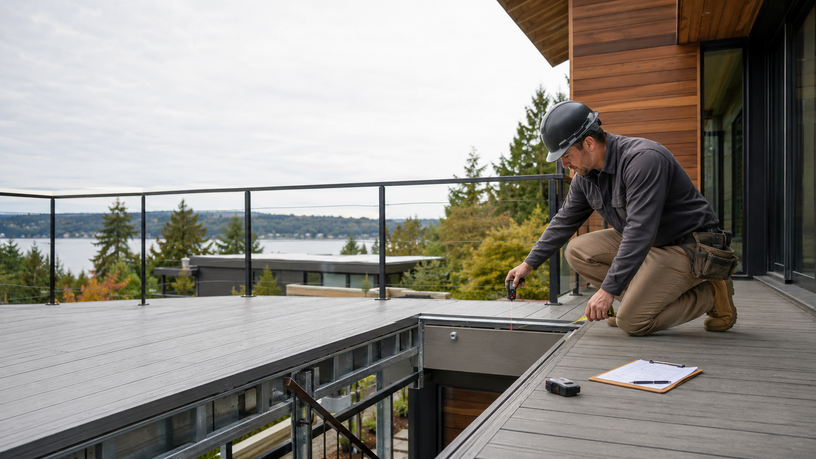Entrepreneur mesurant précisément un balcon et une ouverture d’escalier avant fabrication d’un garde-corps ALDG